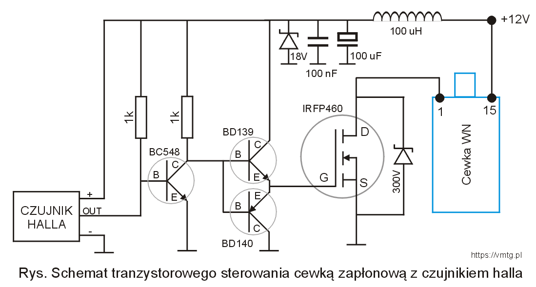 Schemat zapłonu tranzystorowego z czujnikem halla zamiast przerywacza.